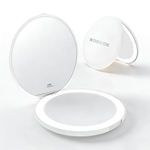 WOBSION Compact Mirror with Light, 10X Magnifying LED Makeup Mirror, 2-Sided Portable Small Mirror, 3.5in Travel Pocket Mirror for Purse,Handbag, Gift, White - color: White