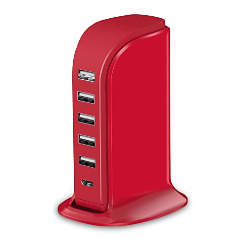 USB Phone Charger 6 Ports 40W Upoy, Type C Wall Charger Smart 6A, Charging Tower with 5ft Power Cord, USB Power Adapter Fast Charging, Smart Home Device Charging Station, iPhone/Ipad Accessories - color: red charging station