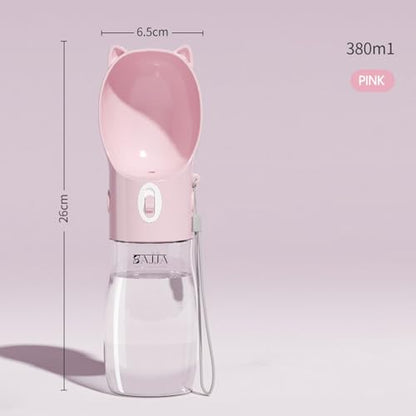 Dog Water Bottle Dispenser 380ml – Leak-Proof Lock, One-Hand Operation | Portable Pet Travel Water Bottle with Built-in Bowl | Pink- Don't Forget to Claim Your - color: Pink