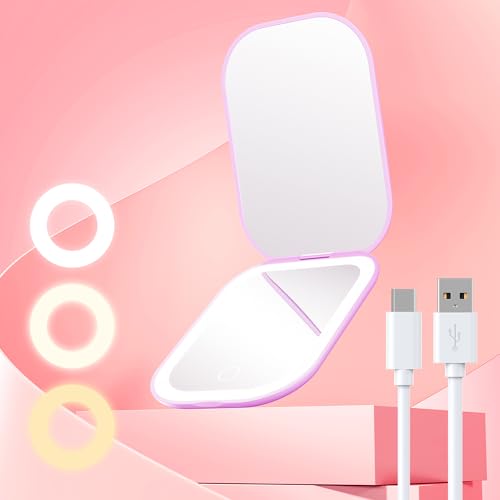Gospire Ultra-Slim Lighted Travel Makeup Mirror with Lights and Magnification, Rechargeable 3X Magnifying Mirror with 3 Light Colors & Adjustable Brightness, LED Compact Mirror for Purses - Purple - color: Purple
