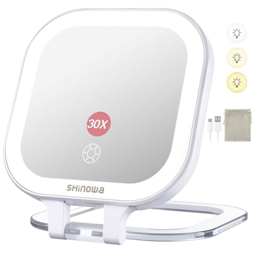 Shinowa Rechargeable Travel Makeup Mirror with 44 LED Lights, 1X/30X Magnifying Vanity Mirror with 3 Color Light, Folding Stand, 4 Inch Portable Dimmable Double Sided Compact Lighted Mirror, White - style: 4 Inch
