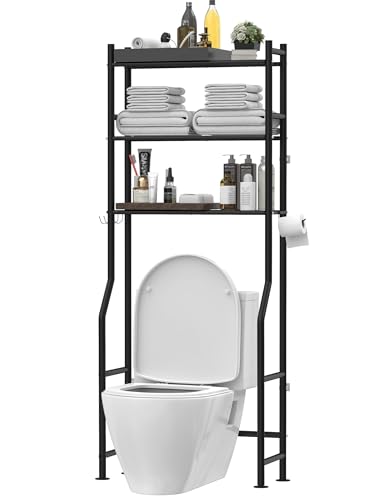 Livilord 3-Tier Over The Toilet Storage, Freestanding Metal Bathroom Shelves with 4 Hooks, Over Toilet Storage Shelf with Paper Holder, Above The Toilet Shelf for Bathroom Storage, Black - color: A-black