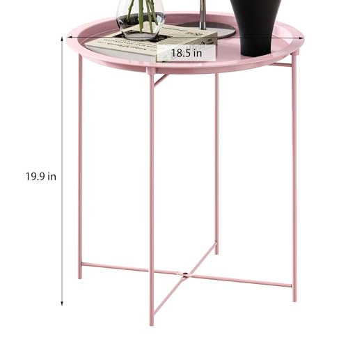 End Table Set of 2,Pink Outdoor Side Table, Small Patio Round Folding Metal Side Tables for Outdoor,Living Room,Bedroom Balcony and Office, 2 PCS - color: Pink