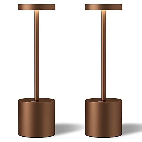 TBBGA 2 Pack Cordless Table Lamps, 5000mAh Rechargeable Battery Powered Lamp, Portable 3 Color Stepless Dimming Desk Lamp, Metal LED Table Light for Outdoor/Patio/Restaurant/Bedroom/Home. (Brown) - color: Brown2