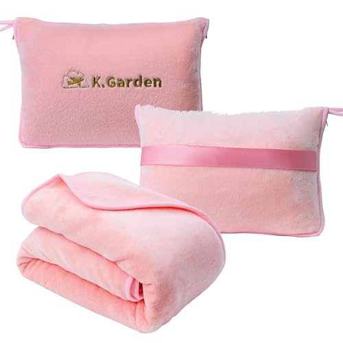 K.Garden Travel Throw Blanket Pillow, Pink | 2 in 1, Soft, Compact, Luggage Backpack Strap, Airplane Flight Essentials