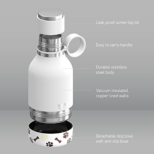 asobu Buddy Bottle, a Stainless Steel Insulated Water Bottle with Removable Dog Water Bowl and Dog Food and Treat Storage plate (White, 37 oz Water Bottle with 2 Bowls) - color: White