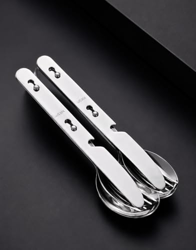 Stainless Steel Travel Utensil Set, 3-Piece Portable Flatware with Spoon, Fork, Knife, Lightweight Camping Cutlery, Interlocking Design, 6 inches, Canvas Carrying Case Included