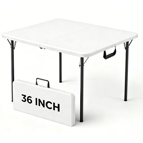 36" Square Folding Table, Portable Card Table with Built-in Handle, Heavy Duty Foldable Table No Assembly, for Camping, Picnic, BBQ, Party, Indoor Outdoor Use, White - color: White, size: 3FT