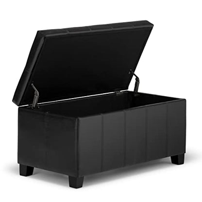 SIMPLIHOME Dover Storage Ottoman Bench - 36 inch Wide Upholstered Vegan Leather Rectangular Lift-Top Ottoman in Midnight Black, Contemporary Bench for Living Room with Safety Hinges - color: Midnight Black