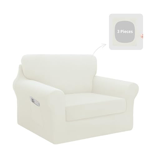 Easy-Going 3 Pieces Stretch Chair Cover Washable Chair Slipcover Set for 1 Backrest and Seat Cushion Couch Anti-Slip Sofa Couch Cover Furniture Protector with Elastic Bottom (Small, Ivory) - color: Ivory, size: Small