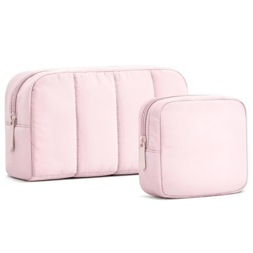oscaurt 2 Pcs Makeup Bag Travel Toiletry Bag for Women Puffy Padded Cosmetic Pouch Purse Wide-open Makeup Organizer Case Travel Essentials - color: Pink-Set