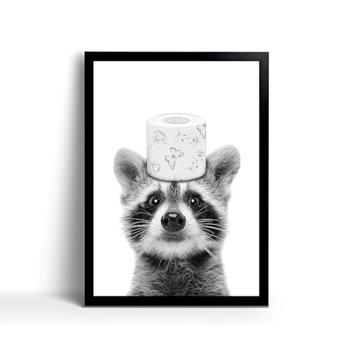 Funny Raccoon Framed Wall Art in Toilet - Black and White Toilet Paper Raccoon, Canvas Wall Art Prints Farmhouse Bathroom Decor,Humor Animals Bathroom Painting, Canvas Rustic Style Artwork(8"x10", - color: Black and White Raccoon, size: 10"L x 8"W
