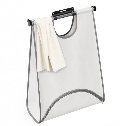 STORAGE MANIAC Wall Mount Laundry Hamper, 90L Hanging Laundry Bag with Bottom Zipper Opening, Space-Saving Dirty Clothes Hamper with Mounting Hardware for College, Dorm, RV, White