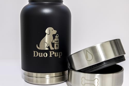 DuoPup 32oz Insulated Stainless Steel Pet Water & Food Bottle – Portable Leak-Resistant Dispenser with Two Detachable Bowls & Carrying Strap – Travel, Hiking & Outdoor Pet Hydration – Dark Green - color: Dark Green