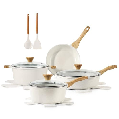 SENSARTE Nonstick Ceramic Cookware Set, 13-Piece Non-toxic Pots and Pans Set, Healthy Kitchen Cooking Set with Stay-Cool Handles, Silicone Tools and Pot Protectors, PFAS Free - color: White