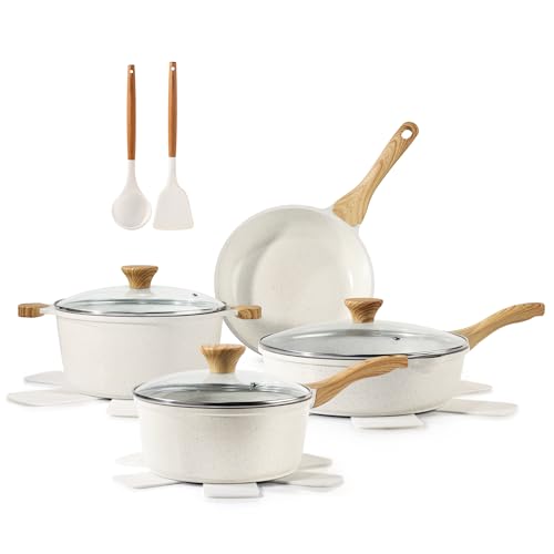 SENSARTE Nonstick Ceramic Cookware Set, 13-Piece Non-toxic Pots and Pans Set, Healthy Kitchen Cooking Set with Stay-Cool Handles, Silicone Tools and Pot Protectors, PFAS Free - color: White