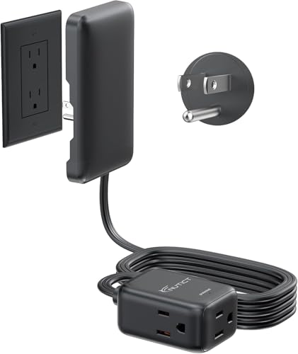 NUTICT Outlet Cover Extension Cord Long 10ft, 3 Outlets Indoor Flat Extension Cord & Ultra-Thin Flat Wall Plug, 900J Surge Protector, 13A/1625W, ETL Listed, Behind Bed Couch Dresser Furniture, Black - color: Black, size: 10ft(3 Prong Plug), style: for Sta