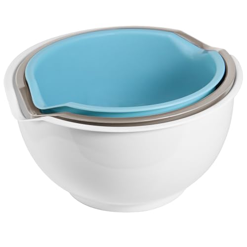 3pcs Mixing Bowls with Pour Spout-Nesting Design Saves Space - Non-Slip, BPA Free, Dishwasher Safe Plastic - Kitchen Cooking and Baking Supplies (White)