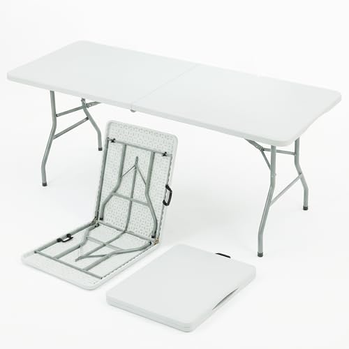 SEALAMB 6FT Portable Plastic Folding Table for Indoor & Outdoor, Heavy Duty Fold Up Table Foldable Picnic Tables Dining Table for Camping Parties Backyard Events(White, 6FT) - color: White, size: 6FT