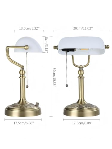 White Matted Glass Bankers Desk Lamp, Stepless Dimmable Table Lamp Plug in Fixture for Study, Home Office,Library, LED Bulb Included