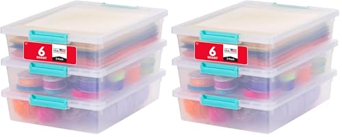 IRIS USA 6 Qt. Craft Storage Bins with Lids, 6-Pack, |Made in USA|, Clip Box, Small Plastic Sensory Bin Tote Organizer Containers for Art Supplies, Paper, & Office, Stackable - Clear/Seafoam Blue - color: Clear/Seafoam Blue, size: 6 Qt. - 6 Pack