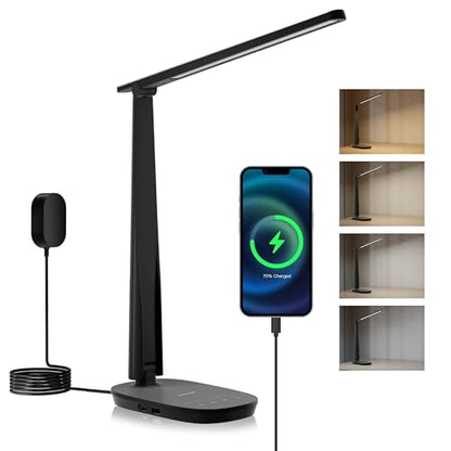 Honeywell HWT-H2 LED Desk Lamp for Home Office, CRI94 Full Spectrum Eye-Caring Light, Dimmable Table Lamp with USB-A & USB-C Charging Ports, Foldable Touch Control Reading Lamp, Black - color: Black