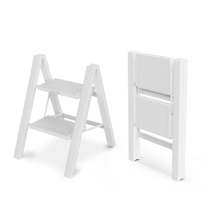 WOA WOA Step Ladder, Widen Pedals Foldable Step Stool, Lightweight Aluminum Ladder, Easy to Move Around, Anti-Slip Foot Stepladder for Household, Fold Thin & Space Save, 300 lbs Load (2 Step, White) - color: White, size: 2 Step