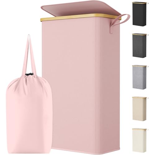 Lifewit 75L Slim Laundry Hamper with Lid, Narrow Laundry Basket with Removable Bag & Bamboo Handles, Fodable Thin Dirty Clothes Hamper for Laundry Collapsible Bin for Bathroom Bedroom Dorm, Pink - color: Pink, size: 75L