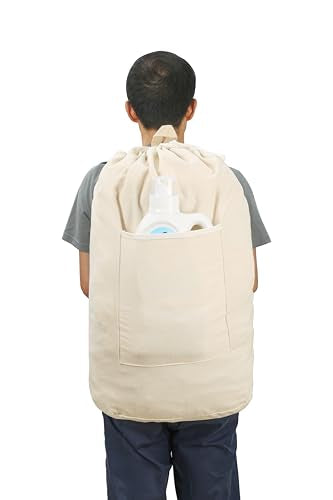 Canvas Laundry bag, Washable Laundry backpack, Adjustable Straps, Large Front Pocket, Drawstring Closure (BEIGE, X-Large) - color: BEIGE, size: X-Large