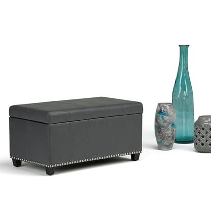 SIMPLIHOME Amelia Storage Ottoman - 33 inch Wide Vegan Leather Rectangle Storage Ottoman Bench in Stone Grey, Transitional Ottoman for Living Room with Nailhead Trim and Lift-Up Lid - color: Stone Grey