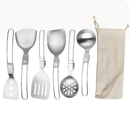 6Pcs Camping Cooking Utensil Set，Camp Kitchen Utensil Set，Stainless Steel Portable Folding Outdoor Cooking Utensil for RV Car,Tent Campers,Outdoor Picnics BBQ