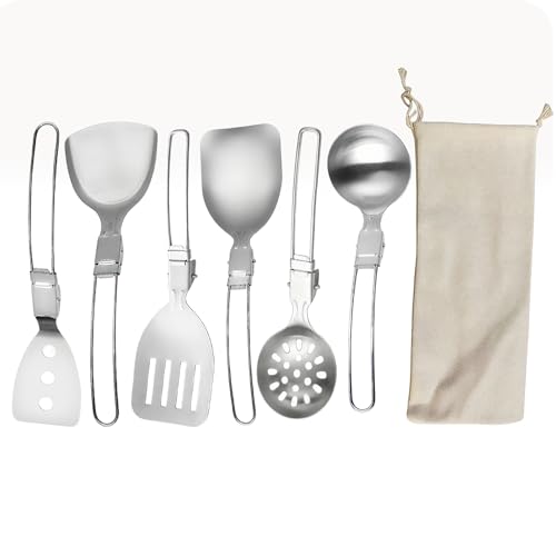 6Pcs Camping Cooking Utensil Set，Camp Kitchen Utensil Set，Stainless Steel Portable Folding Outdoor Cooking Utensil for RV Car,Tent Campers,Outdoor Picnics BBQ