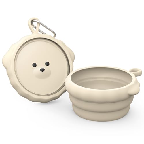 Silicone Collapsible Dog Bowl for Travel,Premium Food-Grade Silicone, Portable Water Bowl for Dogs Cats, Foldable Food Water Bowl, Walking, Carabiner, BPA Free, Dishwasher Safe (Ivory) - color: Ivory