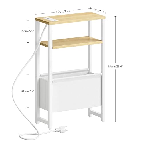Narrow Side Table with Charging Station Slim End Table Sofa with Magazine Rack, Bedside Table for Small Spaces, 3 Tier Nightstand for Living Room Couch, Bedroom Natural LET503YE - color: Natural, style: With Charging Station