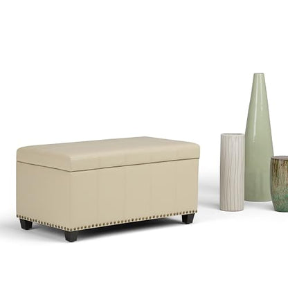 SIMPLIHOME Amelia Storage Ottoman - 33 inch Wide Vegan Leather Rectangle Storage Ottoman Bench in Satin Cream, Transitional Ottoman for Living Room with Nailhead Trim and Lift-Up Lid - color: Satin Cream