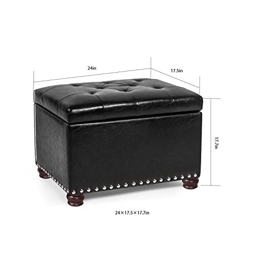 Joveco Leather Storage Ottoman, 24" Rectangle Tufted Foot Rest Stool, for Living Room Bedroom, Midnight Black - color: Midnight Black