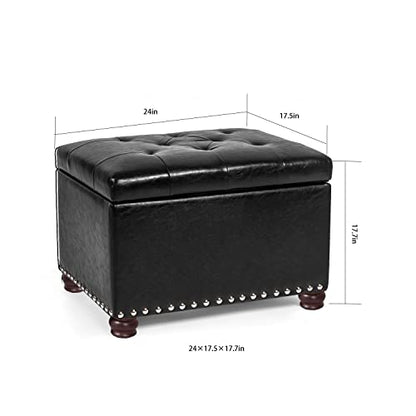Joveco Leather Storage Ottoman, 24" Rectangle Tufted Foot Rest Stool, for Living Room Bedroom, Midnight Black - color: Midnight Black