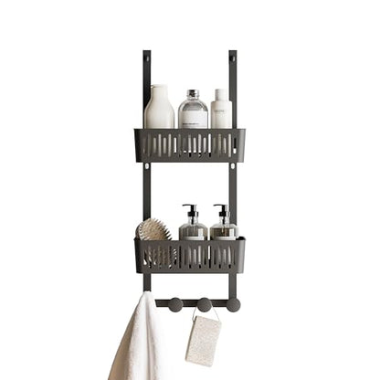 Zenna Home SnugFit Over the Door Caddy Organizer with 2 Storage Baskets and 4 Hooks, Over Door Hanging Organizer for Bathroom, Kitchen, Bedroom, Closet, Easy to Install, No Drilling, Black