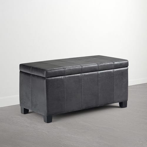 SIMPLIHOME Dover Storage Ottoman Bench - 36 inch Wide Upholstered Vegan Leather Rectangle Storage Ottoman Bench in Distressed Graphite Black, Contemporary Ottoman for Living Room with Lift-Up Lid - color: Distressed Graphite Black