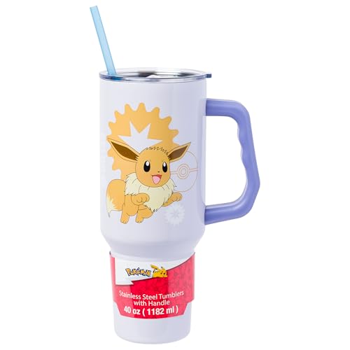 Silver Buffalo Pokémon Eevee Stainless Steel Tumbler with Handle, 40oz | Double-walled insulation, fits standard cup holder, secure lid with straw, travel friendly - color: Eevee Pokemon