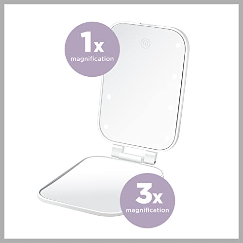 Conair Lighted Makeup Mirror, LED Vanity Mirror, 1X/3X Magnifying Mirror, Compact Travel Mirror, Battery Operated in White - size: 4.7"L x 3"W, style: Pocket Mirror