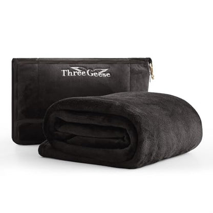 Three Geese 2-in-1 Travel Blanket and Pillow, Soft Flannel Airplane Throw Blanket and Pillow with Luggage Sleeve, 65x40inches, Portable Compact Design with Bag, Ideal for Travel Comfort.