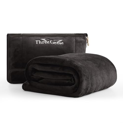 Three Geese 2-in-1 Travel Blanket and Pillow, Soft Flannel Airplane Throw Blanket and Pillow with Luggage Sleeve, 65x40inches, Portable Compact Design with Bag, Ideal for Travel Comfort.