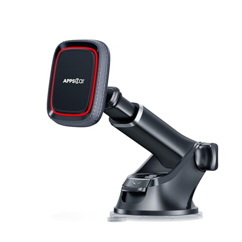 APPS2Car Magnetic Phone Mount for Car, Dashboard & Windshield Suction Cup Holder with Telescopic Arm, Requires Metal Plate for Proper Use, Fit for Android Smartphones(NOT for MagSafe) - color: Black-Red