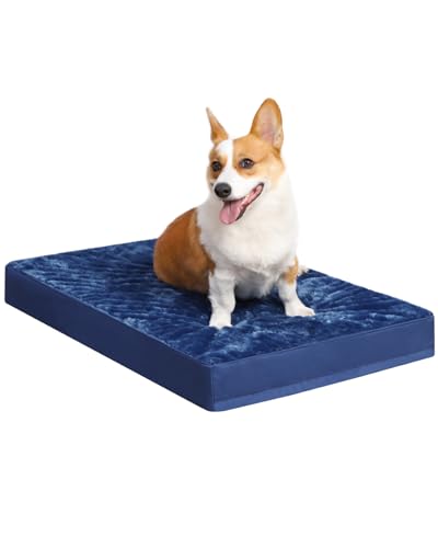 KSIIA Orthopedic Dog Crate Bed Waterproof Dog beds for Medium Dogs Deluxe Plush Washable Pet Mat with Egg Crate Foam & Removable Cover, 29 x 18 Inch, Blue - color: Blue, size: 29.0"L x 18.0"W x 3.0"Th
