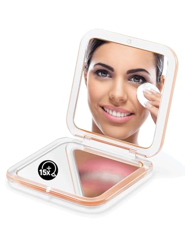 OMIRO Folding Compact Mirror, 1X/15X Magnification 3½” Pocket Size Square Hand Mirror for Travel Makeup (Peach Fuzz) - color: Peach Fuzz-15x
