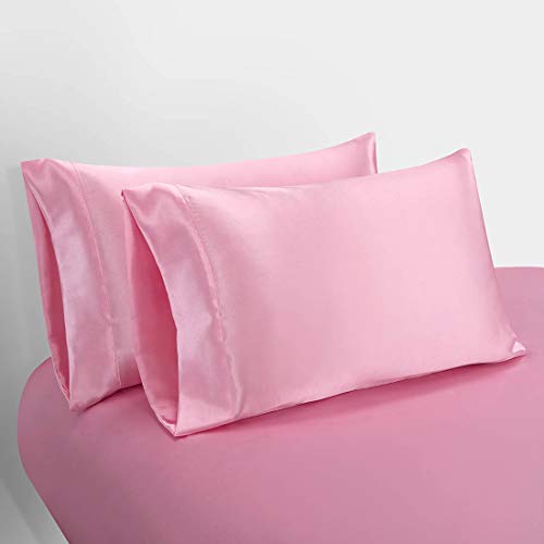 Homiest 3pcs Satin Sheets Set Luxury Silky Satin Bedding Set with Deep Pocket, 1 Fitted Sheet + 1 Flat Sheet + 1 Pillowcase (Twin XL Size, Pink) - color: Pink, size: Deep pocket - Twin XL size