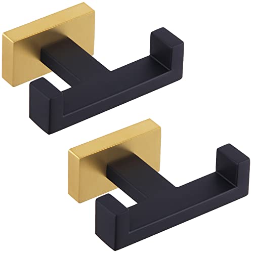 Angle Simple Towel Hook Black & Gold 2 PCS, Stainless Steel Double Hook for Bathroom, Square Robe Hook, Hand Towel Holder for Wall - color: Black & Gold, size: 2 Pack
