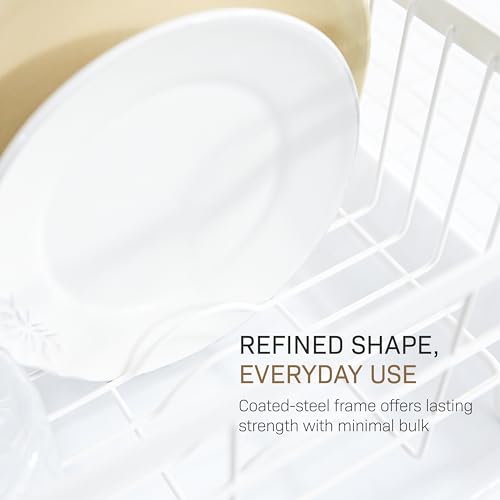 YAMAZAKI Home Dish Drying Rack – Modern White Dish Rack for Kitchen Counter with Removable Drying Tray and Cutlery Holder, Steel + Wood Dish Drying Organizer - Steel + Wood -
