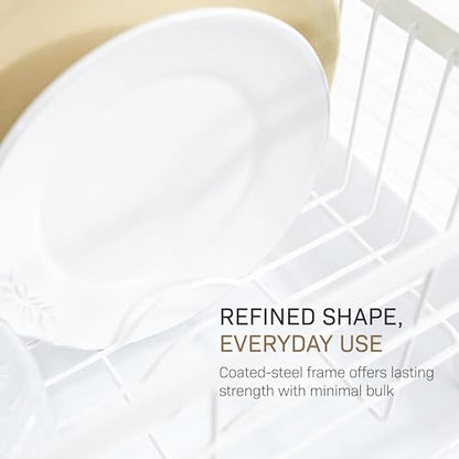 YAMAZAKI Home Dish Drying Rack – Modern White Dish Rack for Kitchen Counter with Removable Drying Tray and Cutlery Holder, Steel + Wood Dish Drying Organizer - Steel + Wood -